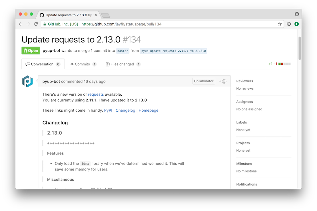 PyUp automatically opens PRs to update Dependencies