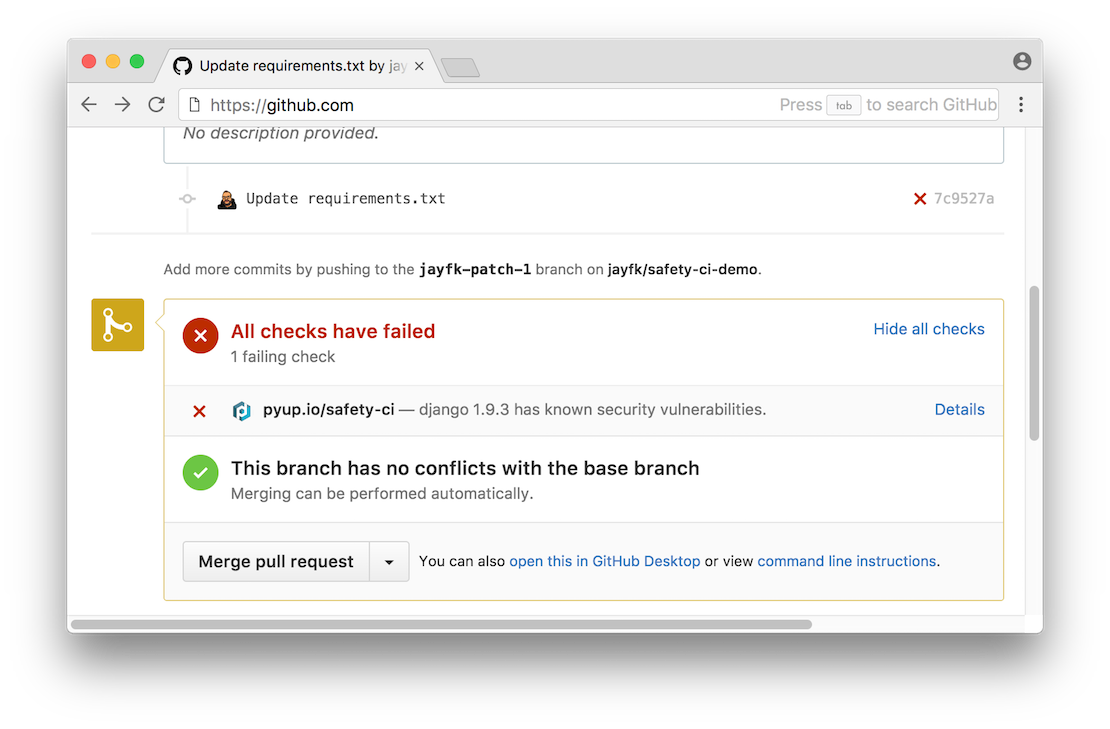 PyUp's Safety CI runs dependency vulnerabilities whenever a new branch is pushed to GitHub